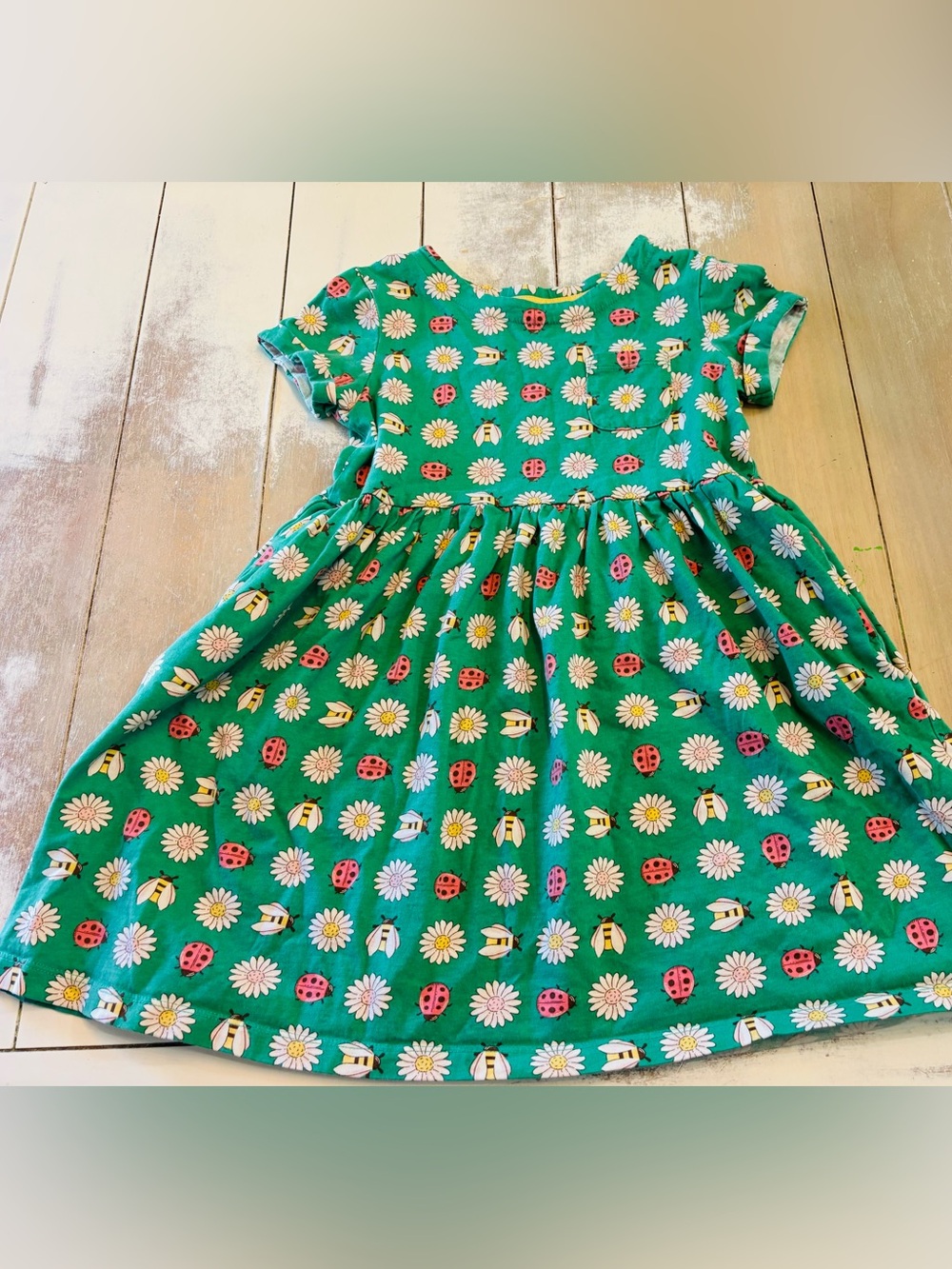 Mini Boden Green Daisy & Ladybug Print Cotton Dress